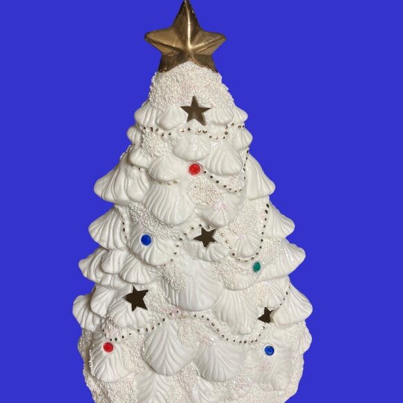 Ceramic Christmas Tree Lighted With Decorations And Gold Colored Accents - Picture 5 of 10
